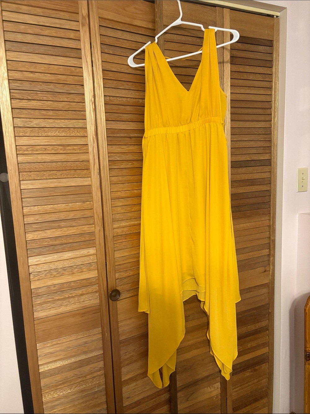 Suzy Shier Mustard Yellow V-Neck Handkerchief Hem dress